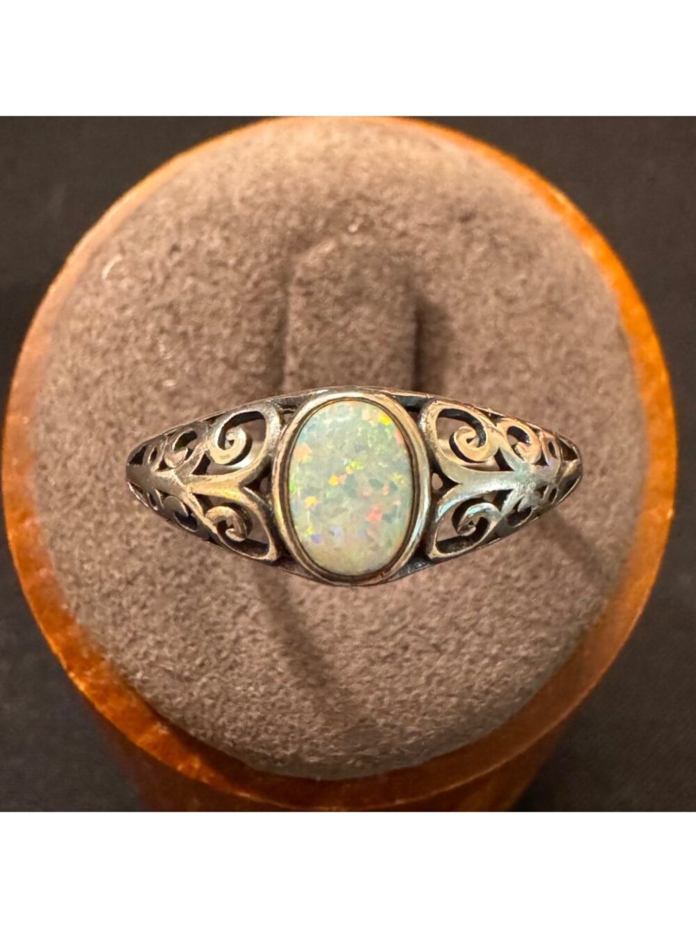 Sterling Silver 925 Opal Bezel Set Filigree Scroll Tapered Band RIng Size 11.25